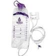 Enteral feeding bag with purple cap, tubing, and measurement markings for medical use
