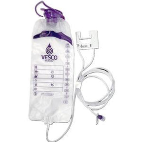 Enteral feeding bag with purple cap, tubing, and measurement markings for medical use