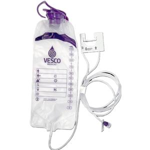 Enteral feeding bag with purple cap, tubing, and measurement markings for medical use
