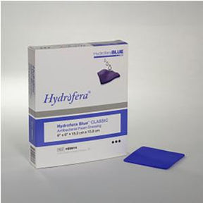 Hydrofera Blue Classic antibacterial foam dressing with blue square pad on white background