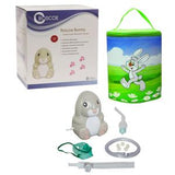 Children’s bunny-shaped nebulizer kit with accessories, storage bag, and product box