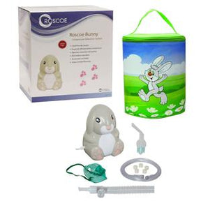 Children’s bunny-shaped nebulizer kit with accessories, storage bag, and product box