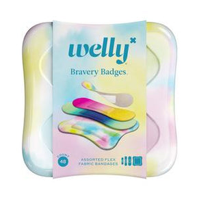Box of Welly Bravery Badges assorted flex fabric bandages in pastel colors