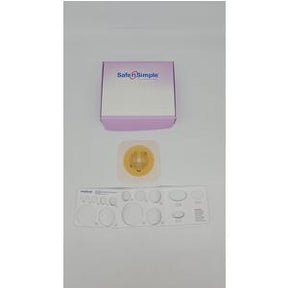 Ostomy wafer, cutting guide, and box on white background for medical supply home delivery.