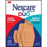 Nexcare Duo Bandages box, assorted sizes, 20 count, strong hold, gentle removal