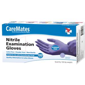 Box of CareMates nitrile examination gloves, powder free, latex free, 100 count