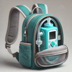 Portable teal medical device with tubing stored in a compact backpack for home healthcare.