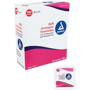 Box of Dynarex BZK antiseptic towelettes for medical and hospital use, 100 count