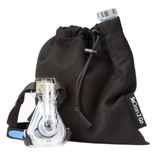 CPAP mask and portable black carrying bag for home medical respiratory supplies