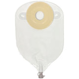One-piece precut convex ostomy pouch with round adhesive barrier and drainable valve