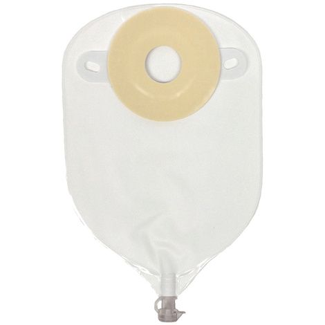 One-piece precut convex ostomy pouch with round adhesive barrier and drainable valve