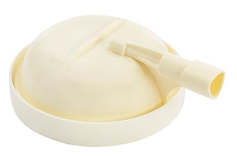 Round beige medical urinal bottle cap with angled spout for home care use