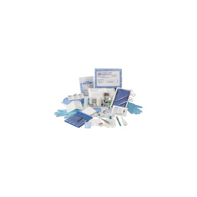 Comprehensive sterile medical supply kit with gloves, gauze, syringes, and instruments