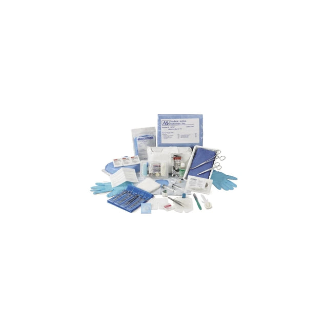 Comprehensive sterile medical supply kit with gloves, gauze, syringes, and instruments