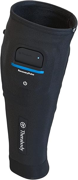 Black compression leg sleeve with electronic recovery device and power button, for circulation support.