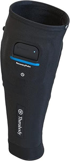 Black compression leg sleeve with electronic recovery device and power button, for circulation support.