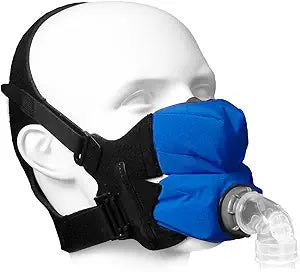 CPAP mask with blue cover on mannequin, headgear and tubing for sleep apnea therapy