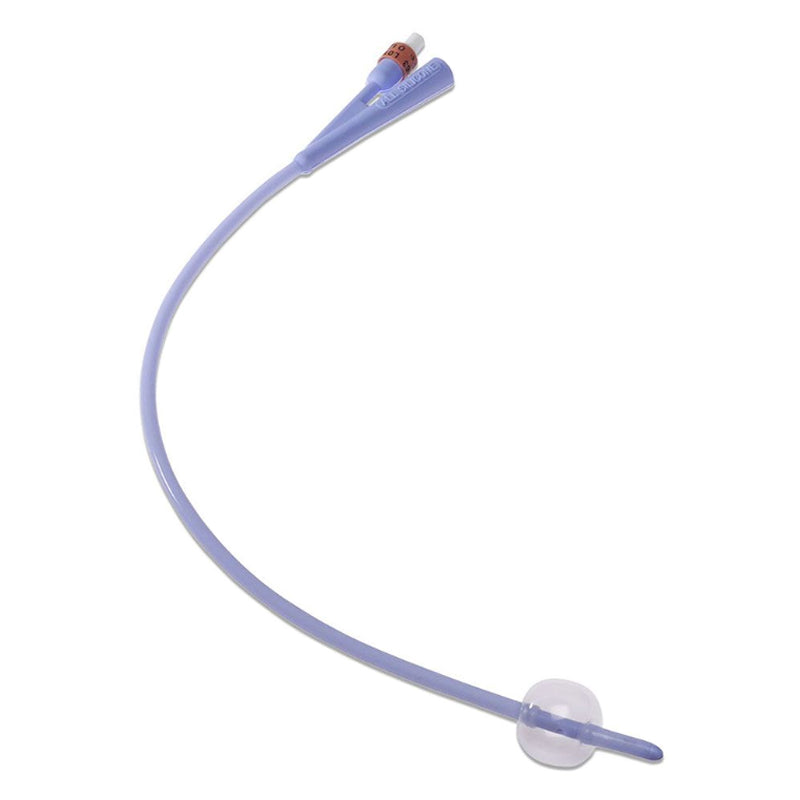 Sterile silicone Foley catheter with balloon for medical use on white background