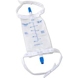 Clear plastic urinary drainage bag with measurement markings and adjustable straps