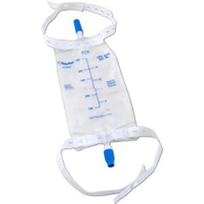 Clear plastic urinary drainage bag with measurement markings and adjustable straps