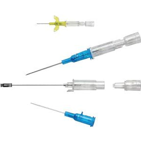 Various medical needles and IV catheters with colored hubs on a white background