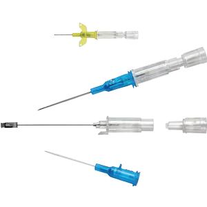 Various medical needles and IV catheters with colored hubs on a white background
