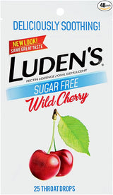 Luden's sugar free wild cherry throat drops package with two cherries and a green leaf