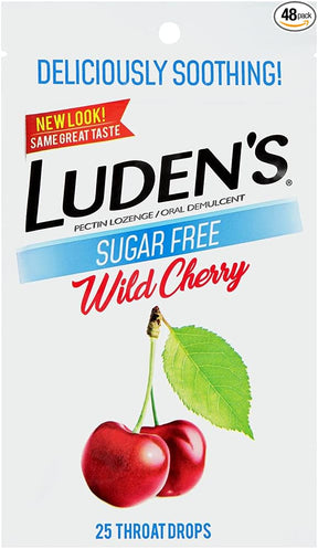 Luden's sugar free wild cherry throat drops package with two cherries and a green leaf