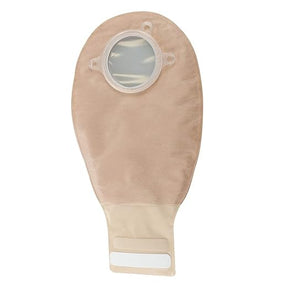 Beige ostomy bag with adhesive closure and clear round viewing window for medical use