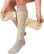 Person applying beige medical leg compression wrap over sock for lymphedema support