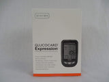 Arkray Glucocard Expression blood glucose meter box with key features listed on packaging.