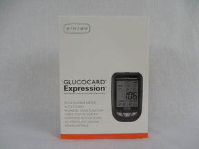 Arkray Glucocard Expression blood glucose meter box with key features listed on packaging.