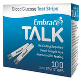 Embrace Talk blood glucose test strips box, 100 count, for diabetes monitoring