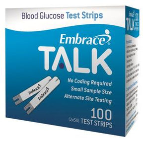 Embrace Talk blood glucose test strips box, 100 count, for diabetes monitoring