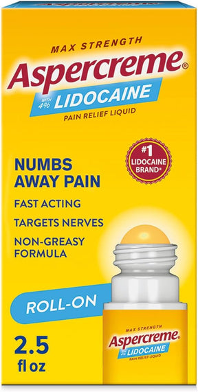Aspercreme Lidocaine 4% max strength pain relief roll-on, 2.5 oz, yellow box