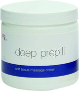 Deep Prep II soft tissue massage cream container, white jar with blue label.