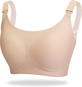 Beige seamless wireless bra with adjustable straps and front clips for comfort and support