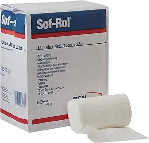Sof-Rol medical bandage padding roll and box, 4 inch by 4 yards, for wound care.