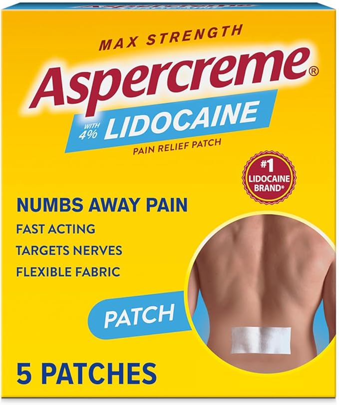 Aspercreme Lidocaine pain relief patch box showing back pain patch, 5 patches, max strength