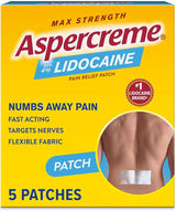 Aspercreme Lidocaine pain relief patch box showing back pain patch, 5 patches, max strength