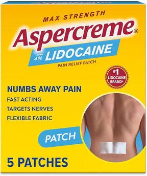 Aspercreme Lidocaine pain relief patch box showing back pain patch, 5 patches, max strength