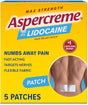 Aspercreme Lidocaine pain relief patch box showing back pain patch, 5 patches, max strength