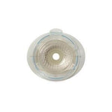Round transparent ostomy barrier with adhesive, medical supply for stoma care on white background
