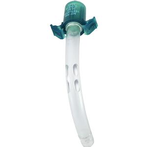 Curved medical tracheostomy tube with green connector for respiratory care