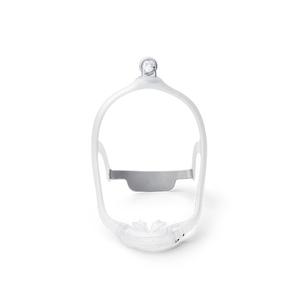 CPAP nasal mask frame for sleep apnea therapy, white silicone, front view on white background