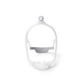 CPAP nasal mask frame for sleep apnea therapy, white silicone, front view on white background
