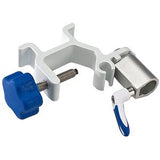 Adjustable white clamp with blue knob and silver metal holder for medical equipment