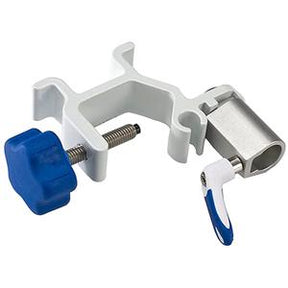 Adjustable white clamp with blue knob and silver metal holder for medical equipment
