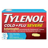 Tylenol Cold and Flu Severe medicine box for adults, acetaminophen tablets on package front.
