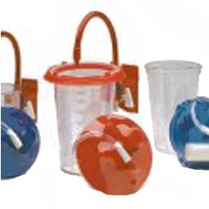 Medical fluid collection containers with red and blue lids and clear measuring cups